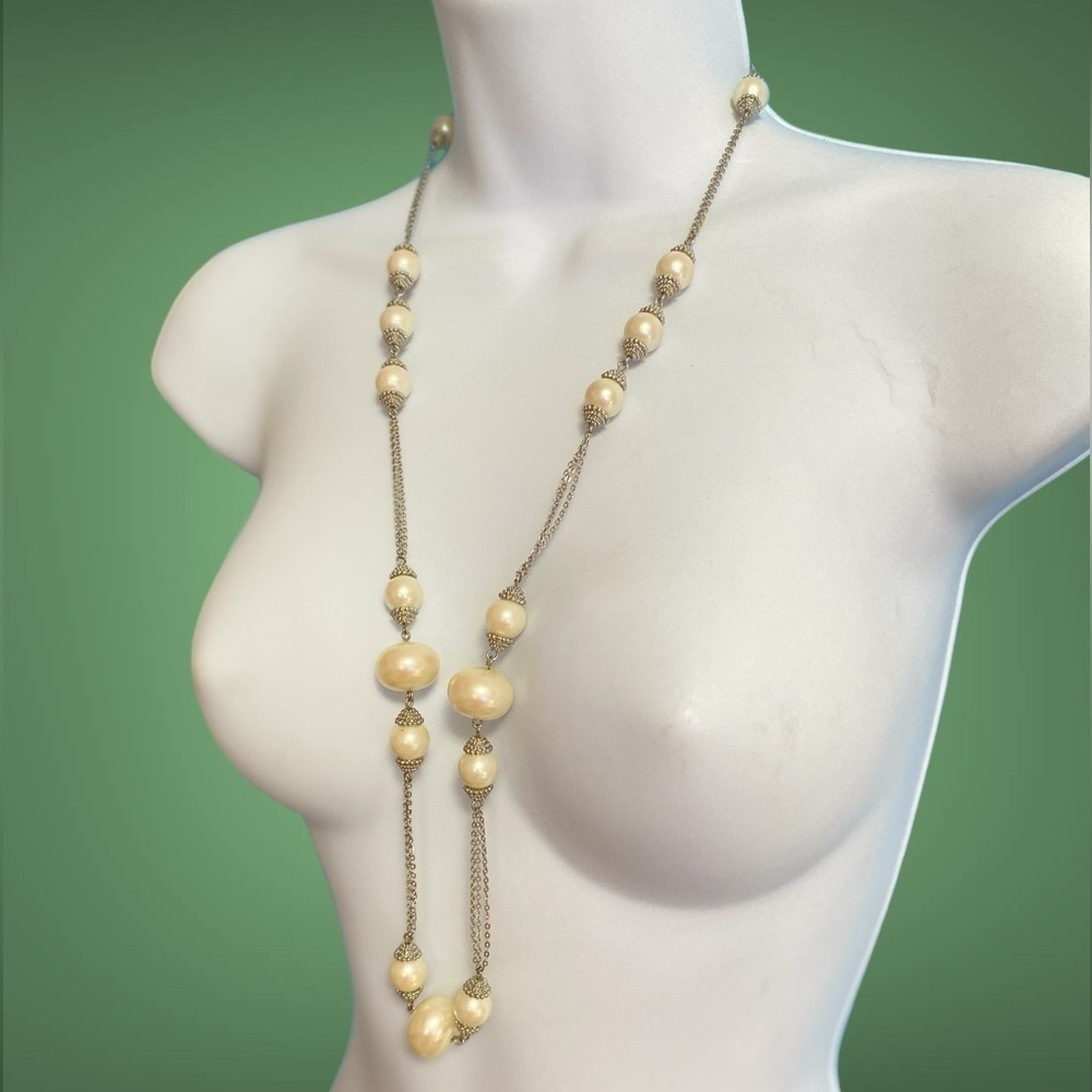 Faux Pearl & Silver Tone Chains Long Necklace